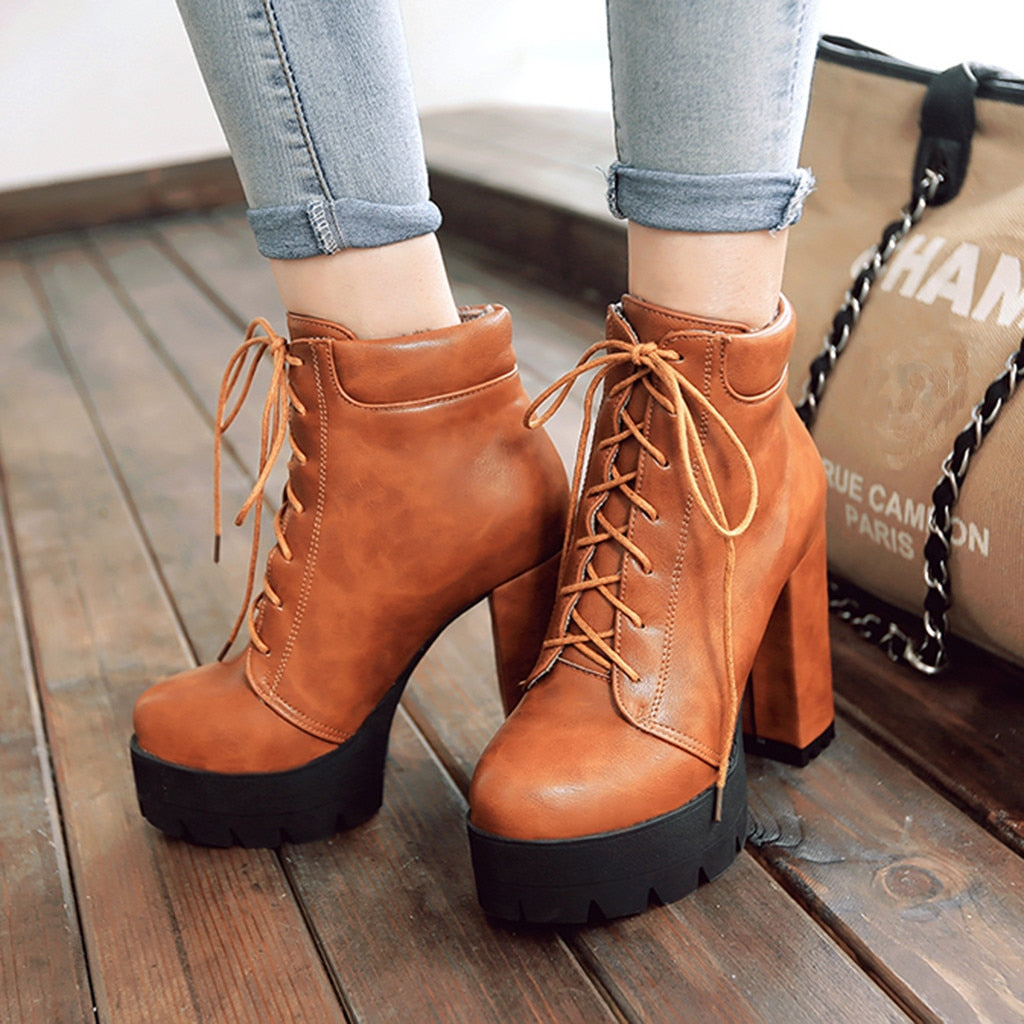 Round Toe Ankle Boots. Women's Lace-Up Winter Shoes. WickedYo